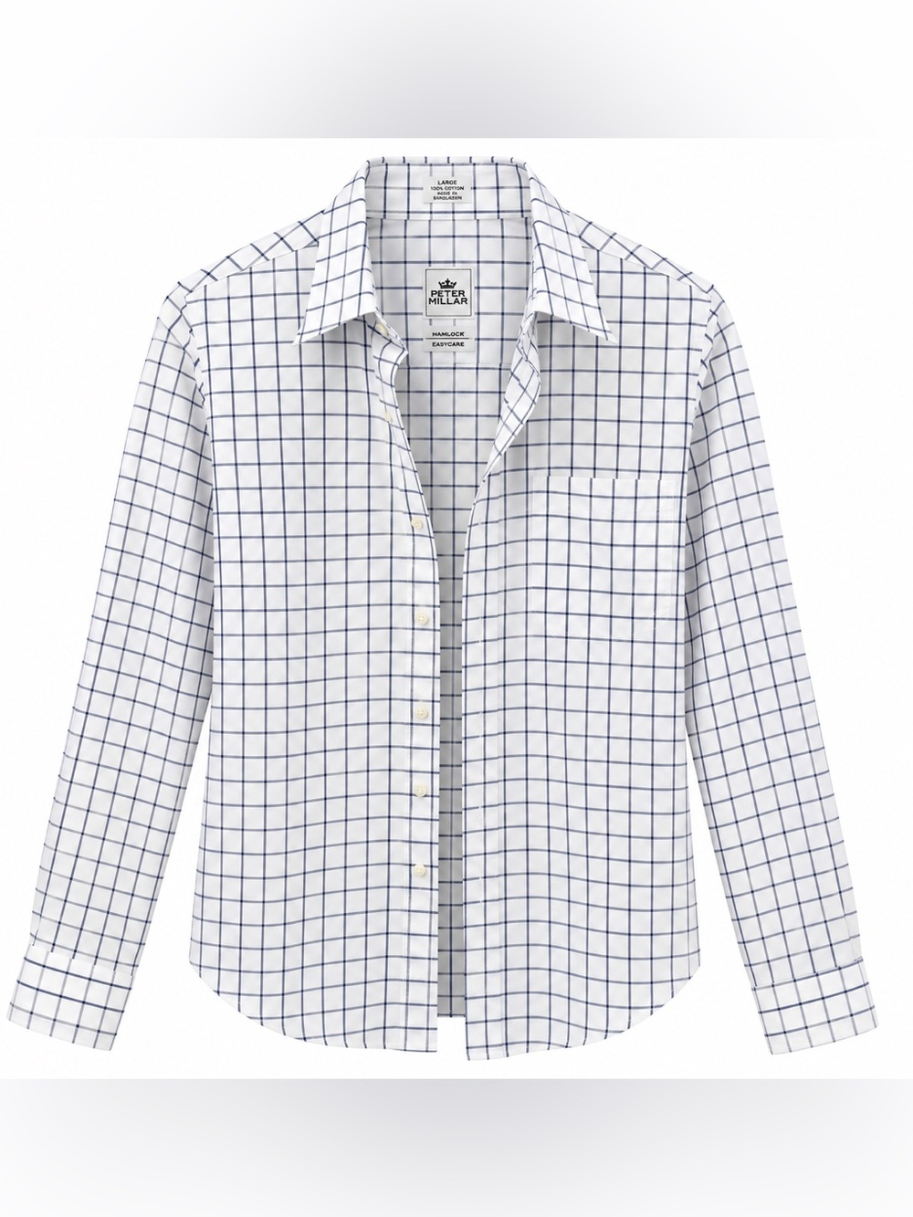 Peter Millar Mens L Crown Sport White Blue Check Cotton Button Down Dress Shirt